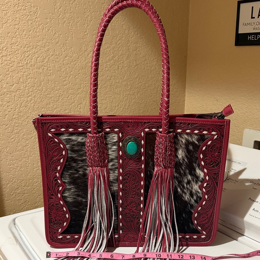 Women's Red Tooled Leather Tote with Turquoise Accent